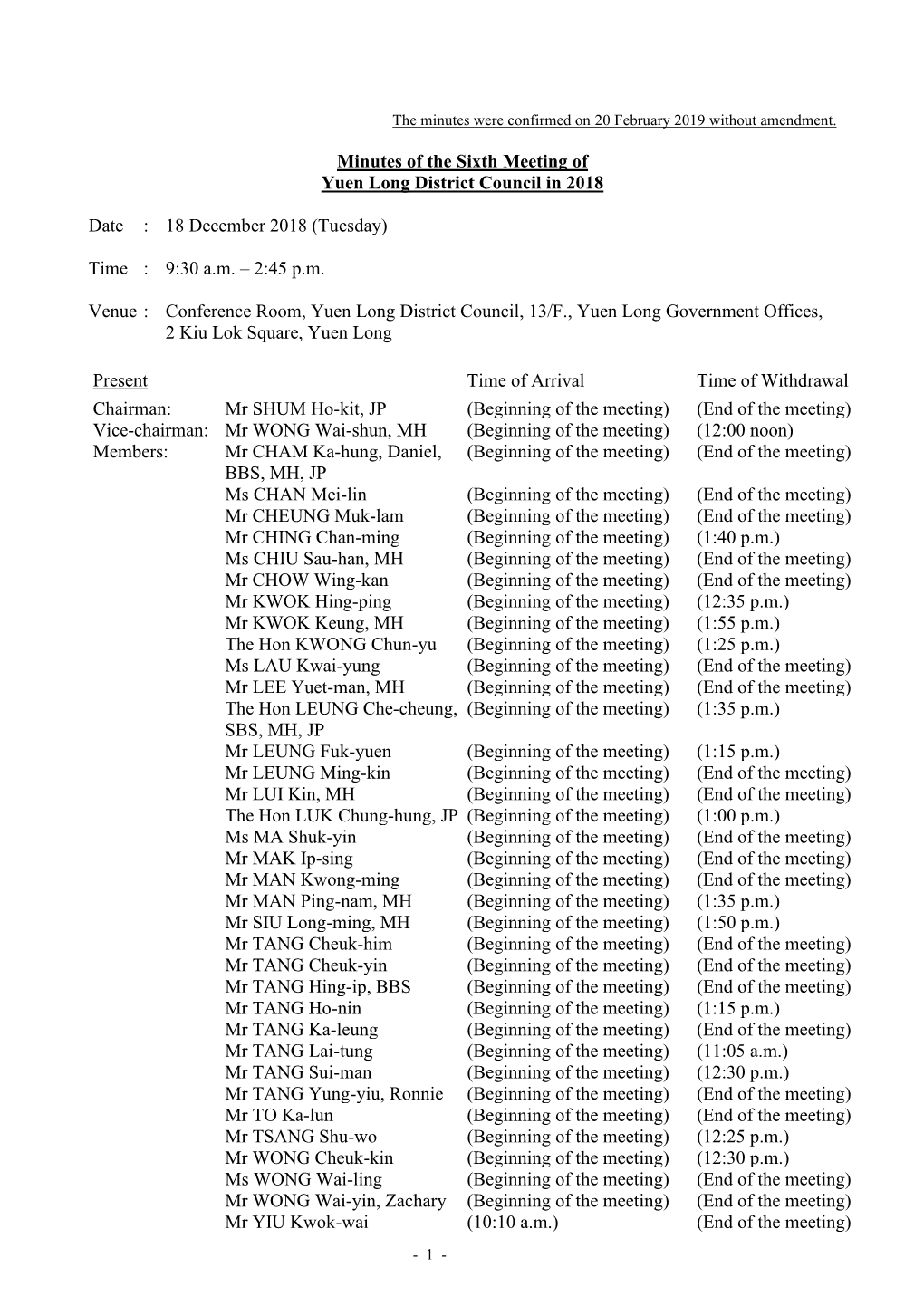 Minutes of the Sixth Meeting of Yuen Long District Council in 2018 Date