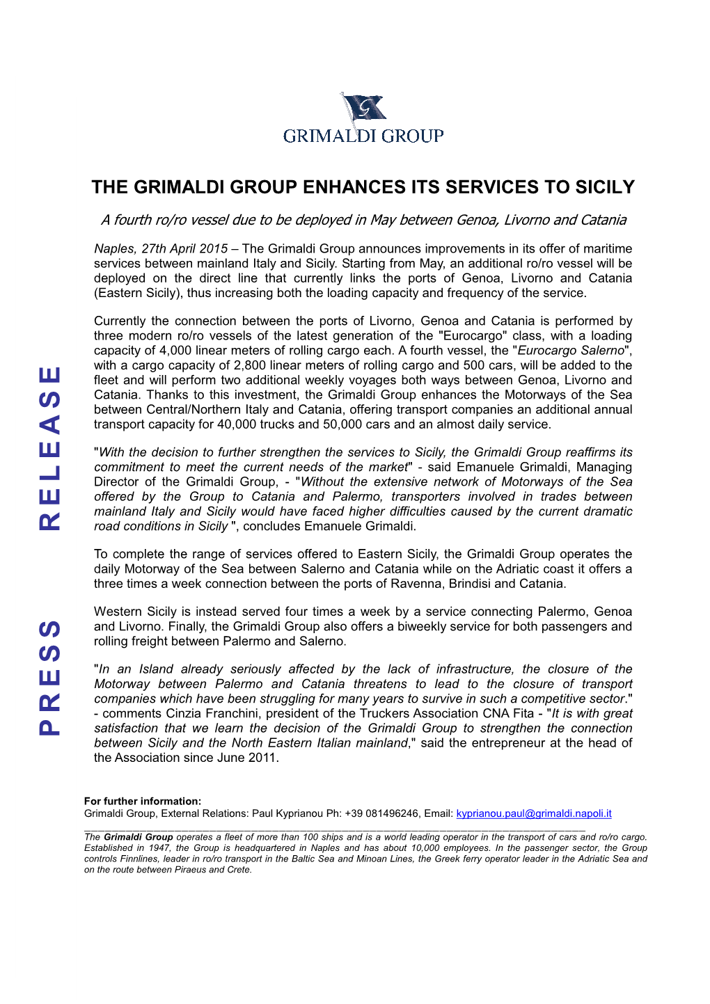 Grimaldi Enhance Services to Sicily