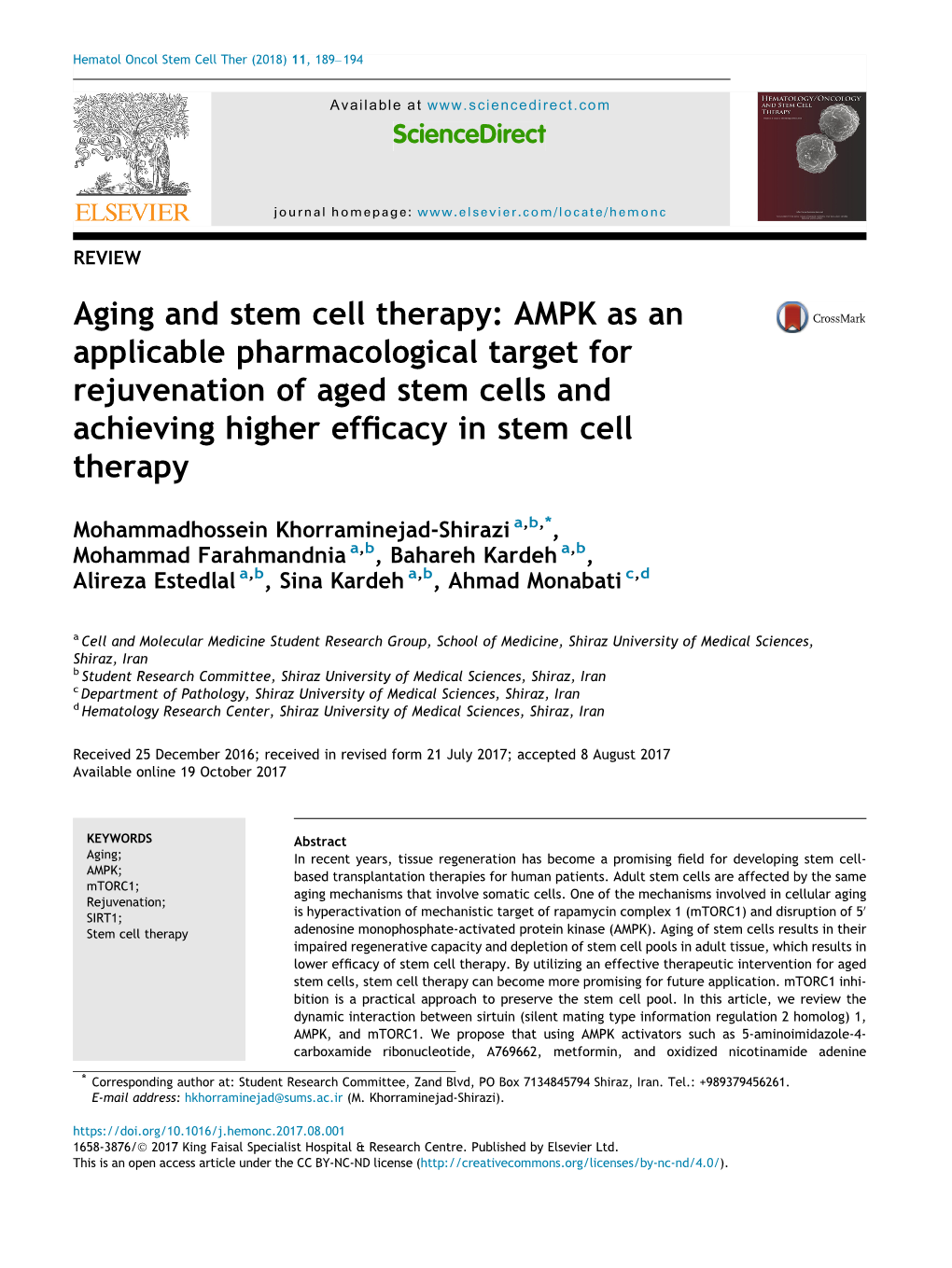 Aging and Stem Cell Therapy: AMPK As an Applicable Pharmacological Target for Rejuvenation of Aged Stem Cells and Achieving Higher Efﬁcacy in Stem Cell Therapy