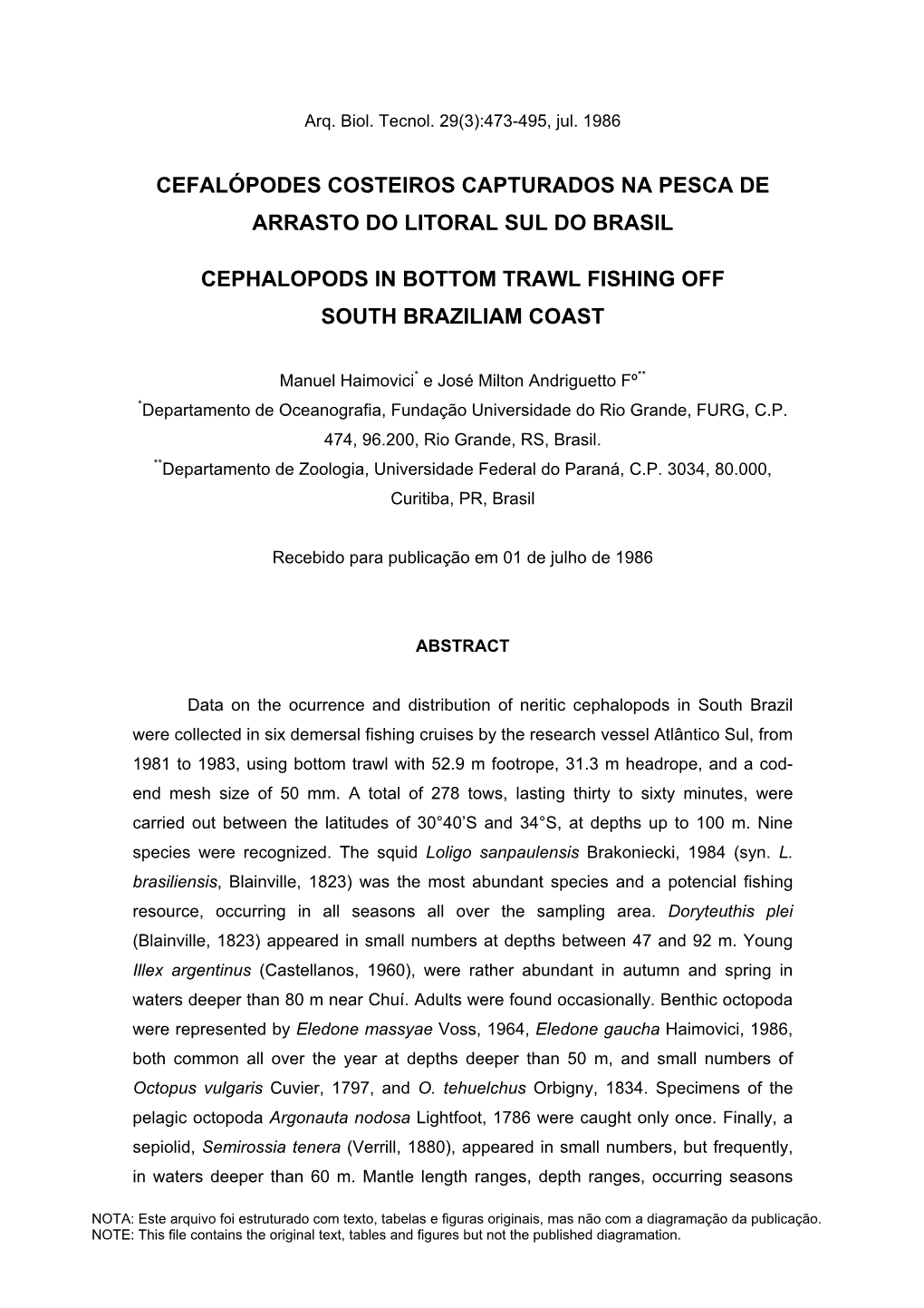 Cefalópodes Costeiros Capturados Na Pesca De Arrasto Do Litoral Sul Do Brasil