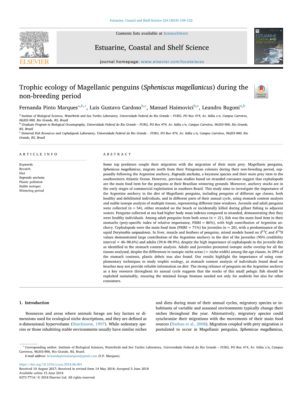 Trophic Ecology of Magellanic Penguins (Spheniscus Magellanicus) During the T Non-Breeding Period