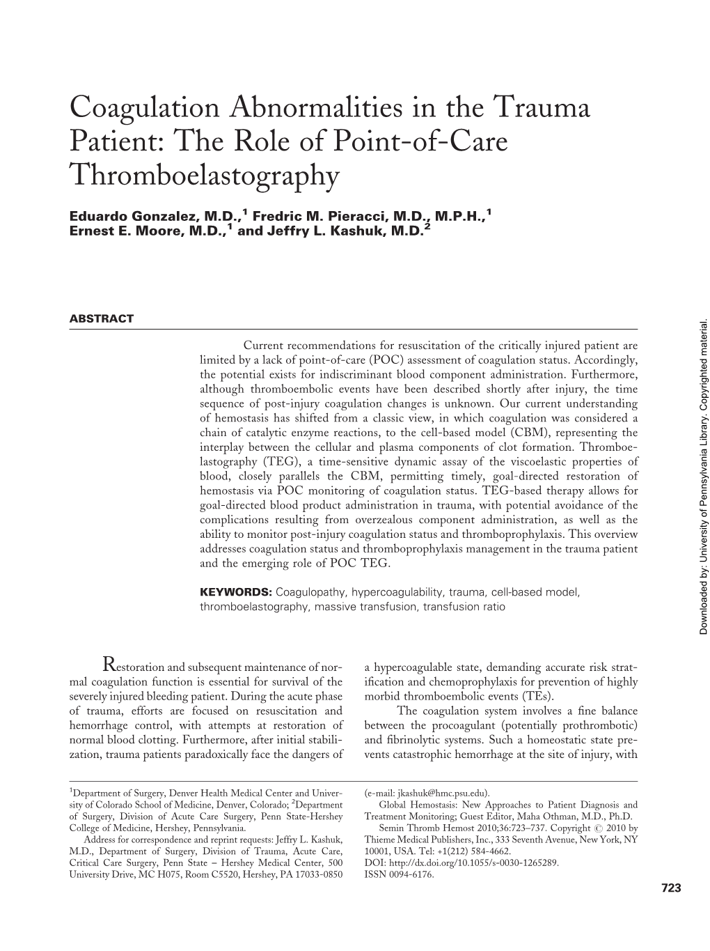 Coagulation Abnormalities in the Trauma Patient: the Role of Point-Of-Care Thromboelastography