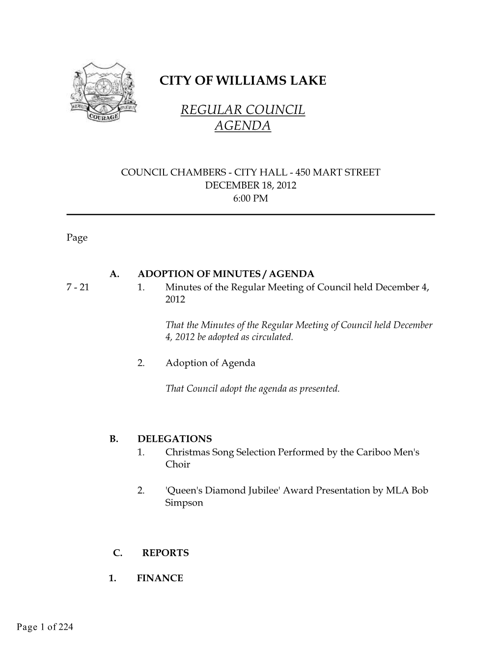 City of Williams Lake Regular Council Agenda