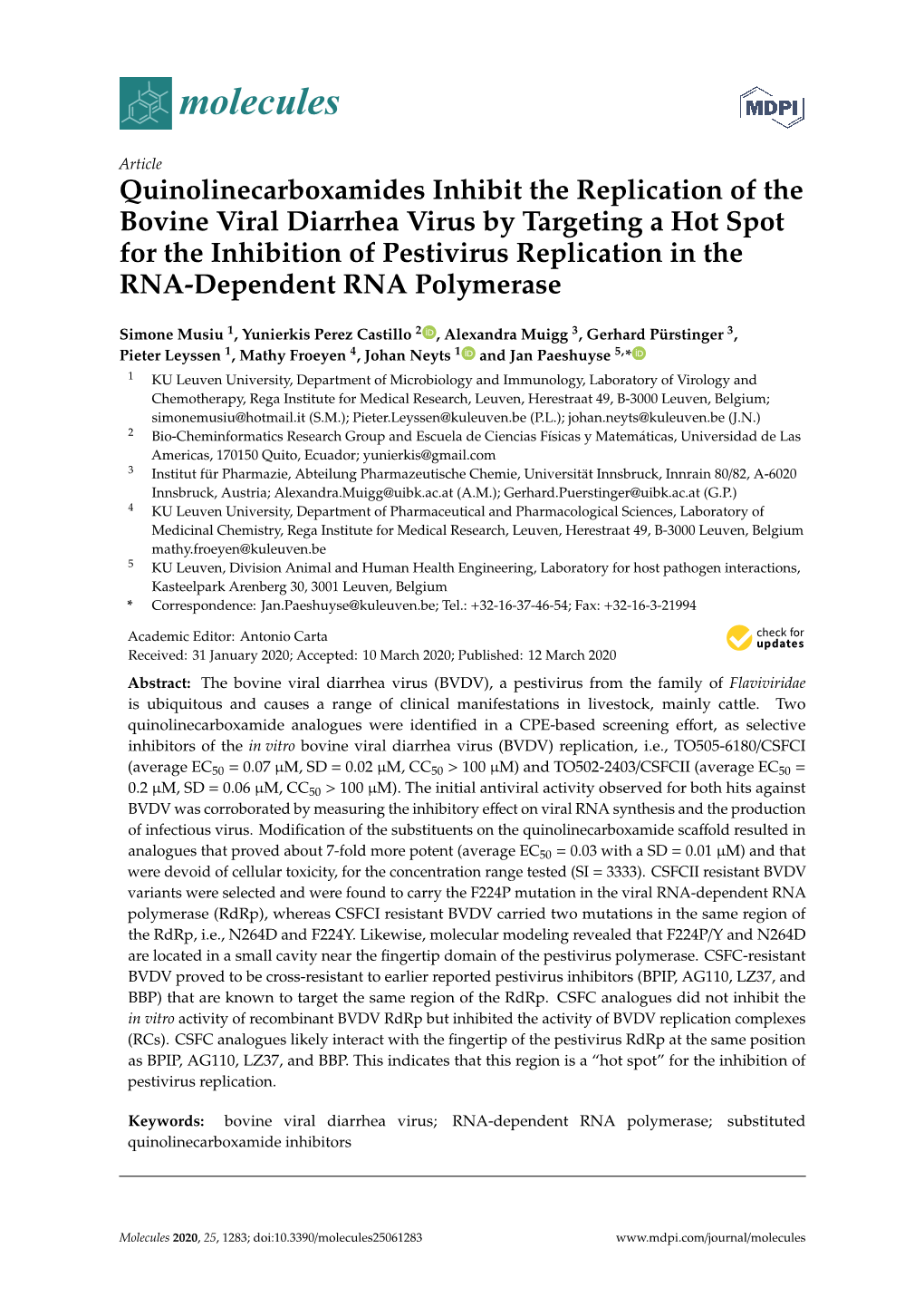 Quinolinecarboxamides Inhibit the Replication of the Bovine Viral