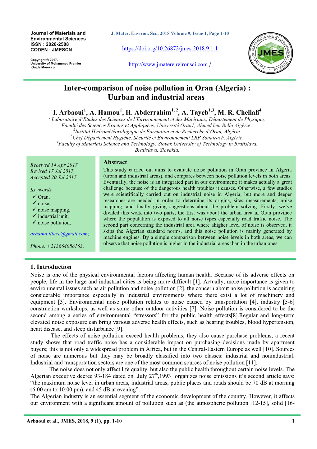 Inter-Comparison of Noise Pollution in Oran (Algeria) : Uurban and Industrial Areas