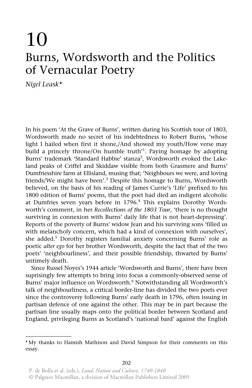 Burns, Wordsworth and the Politics of Vernacular Poetry Nigel Leask*