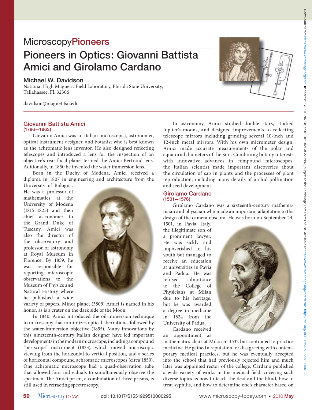 Giovanni Battista Amici and Girolamo Cardano Michael W