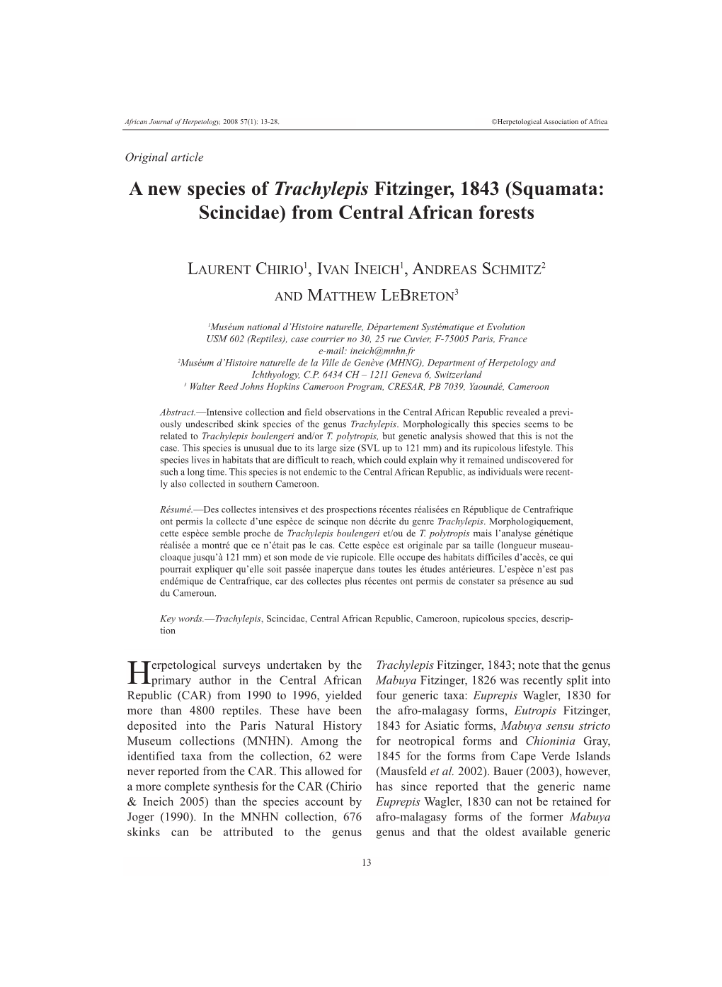 A New Species of Trachylepis Fitzinger, 1843 (Squamata: Scincidae) from Central African Forests