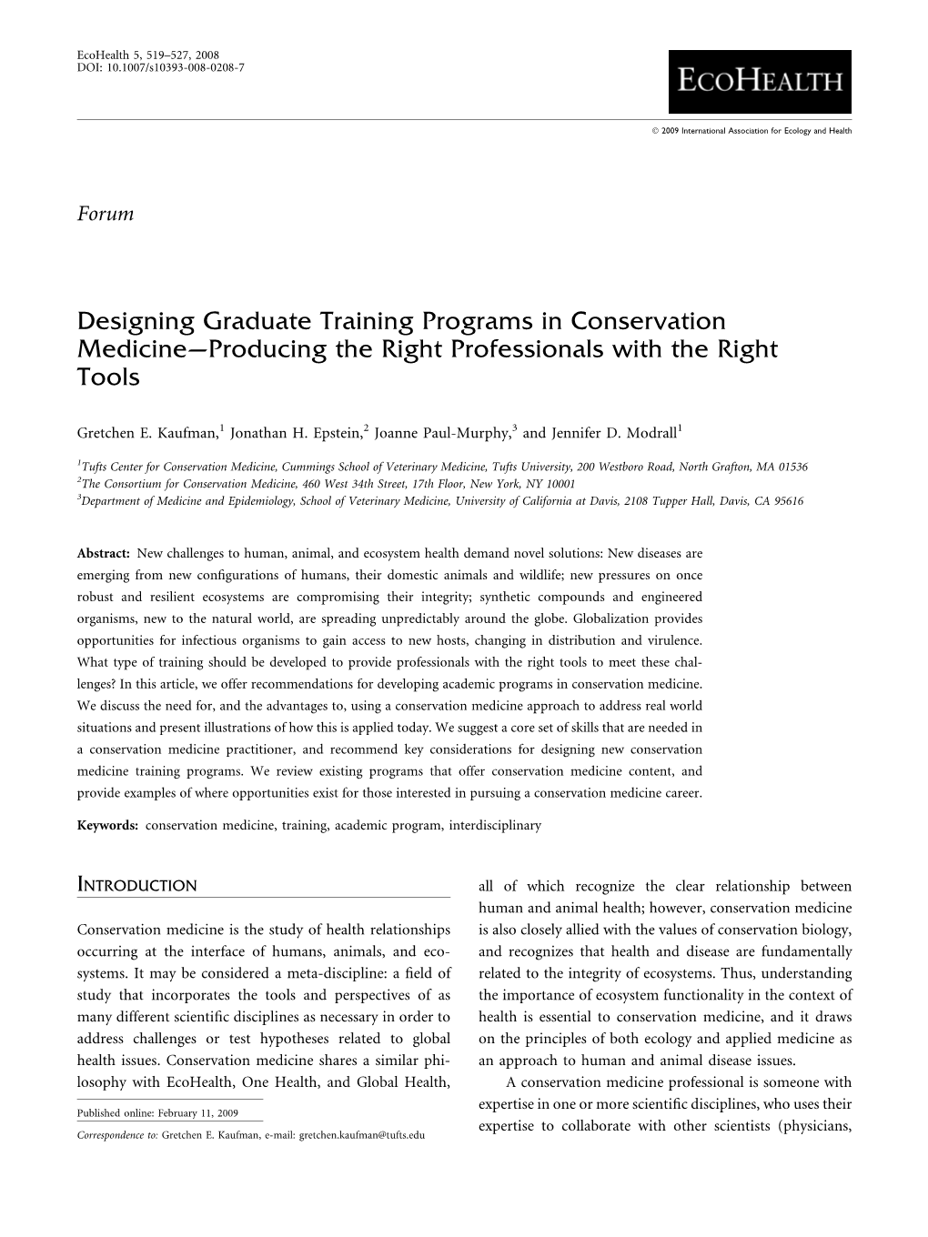 Designing Graduate Training Programs in Conservation Medicine—Producing the Right Professionals with the Right Tools