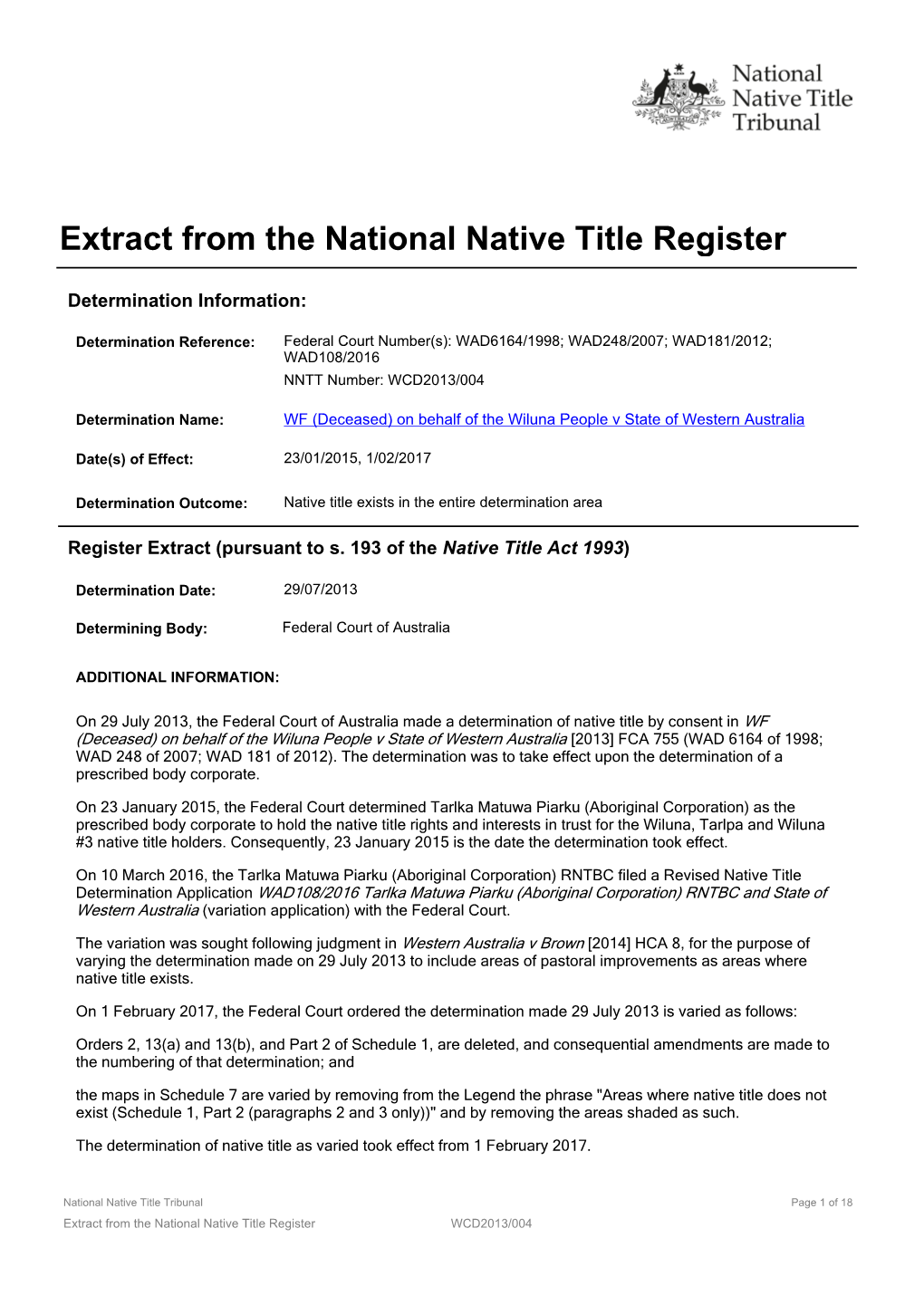 Extract from the National Native Title Register