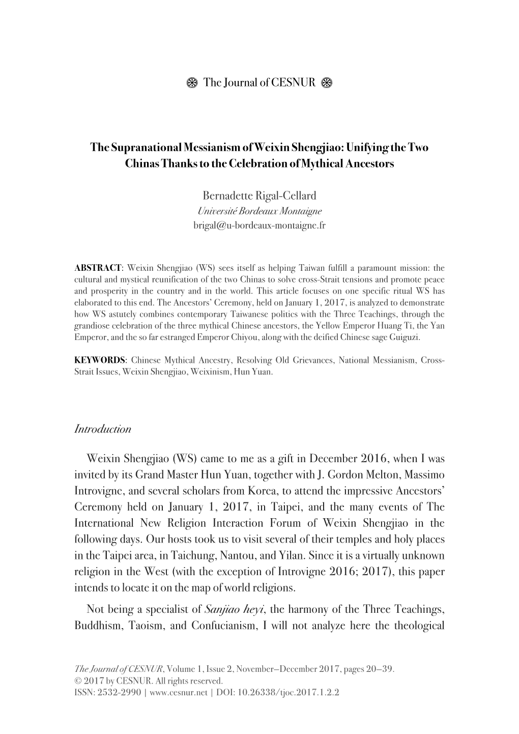 The Supranational Messianism of Weixin Shengjiao: Unifying the Two Chinas Thanks to the Celebration of Mythical Ancestors