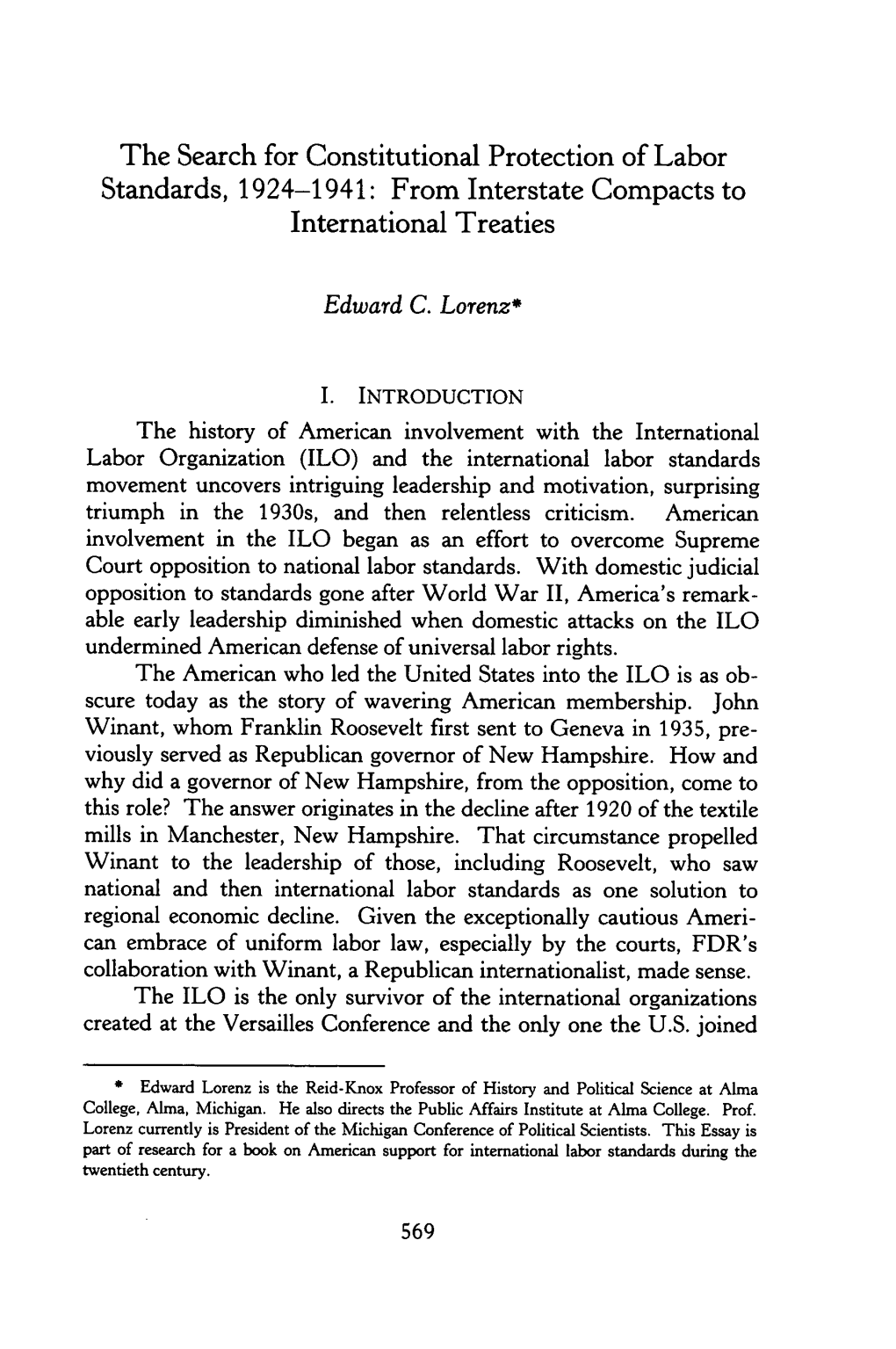 The Search for Constitutional Protection of Labor Standards, 1924-1941: from Interstate Compacts to International Treaties