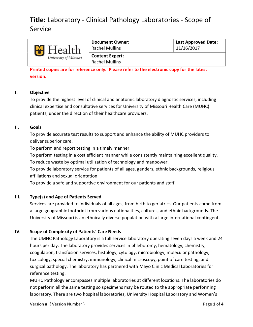 Clinical Pathology Laboratories - Scope of Service