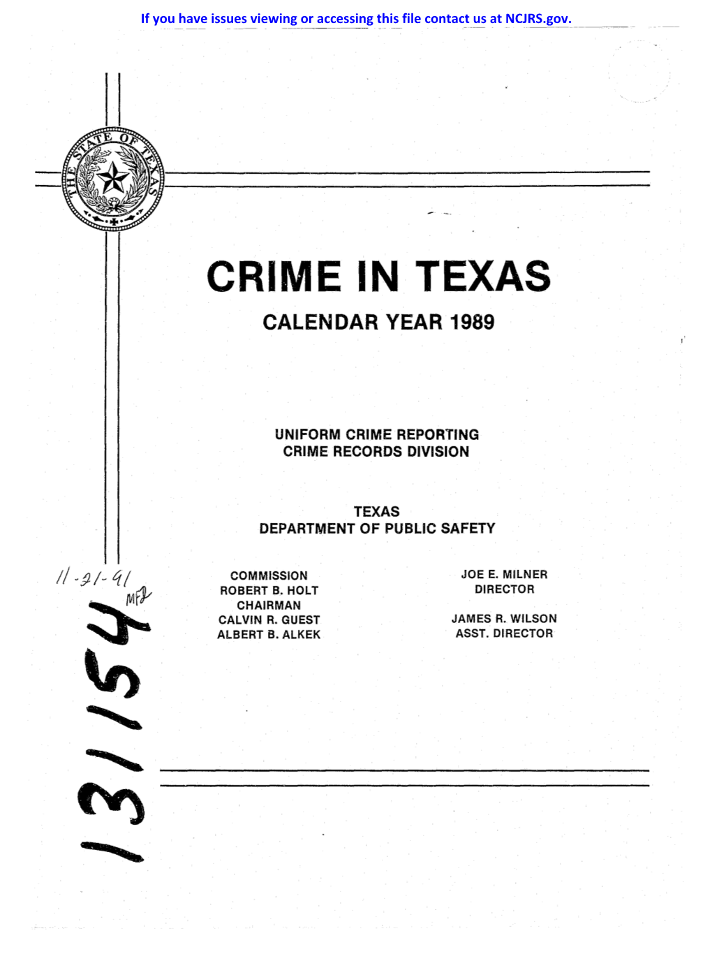 Crime in Texas Calendar Year 1989