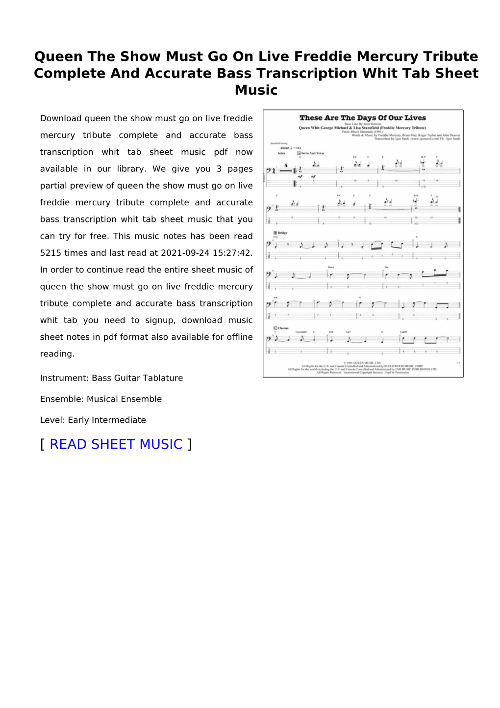 Queen the Show Must Go on Live Freddie Mercury Tribute Complete and Accurate Bass Transcription Whit Tab Sheet Music