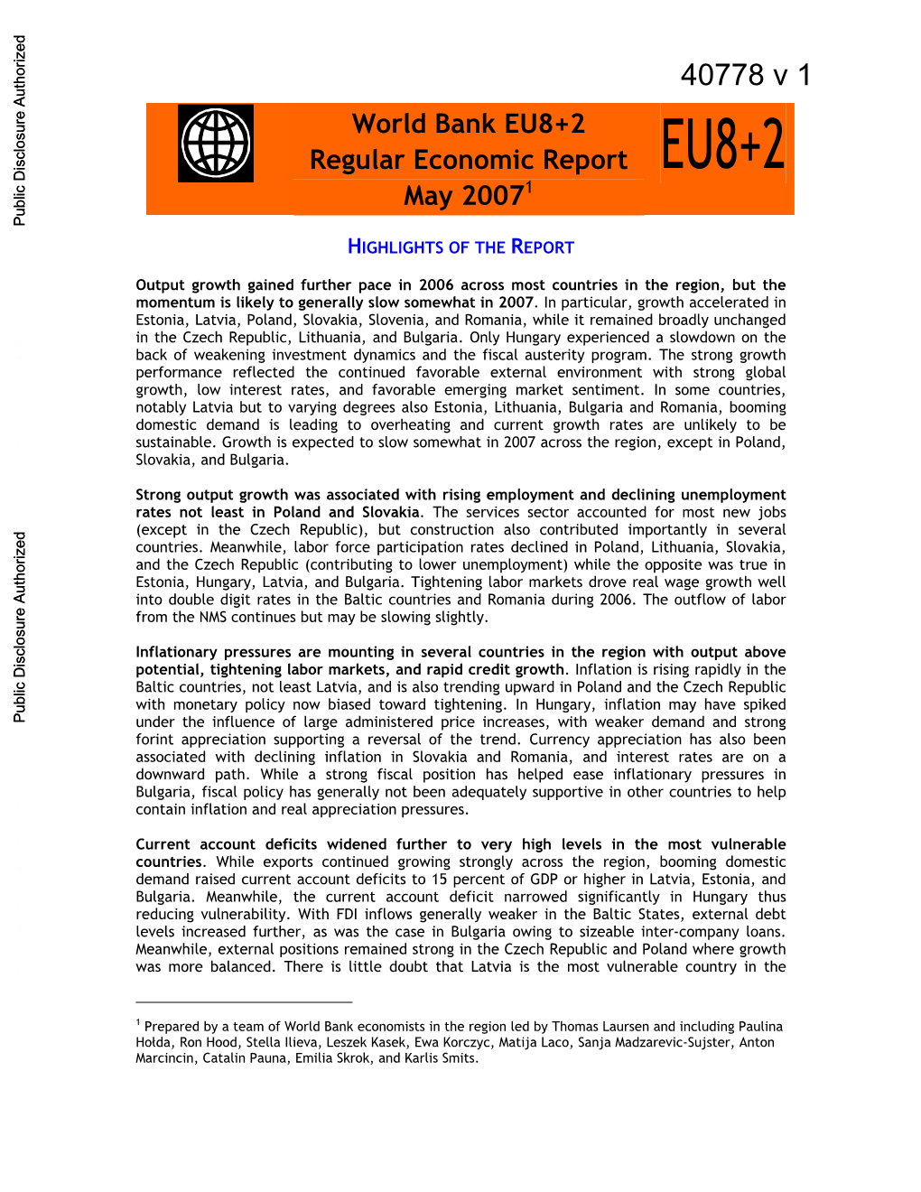 World Bank EU8+2 Regular Economic Report EU8+2 1 May 2007