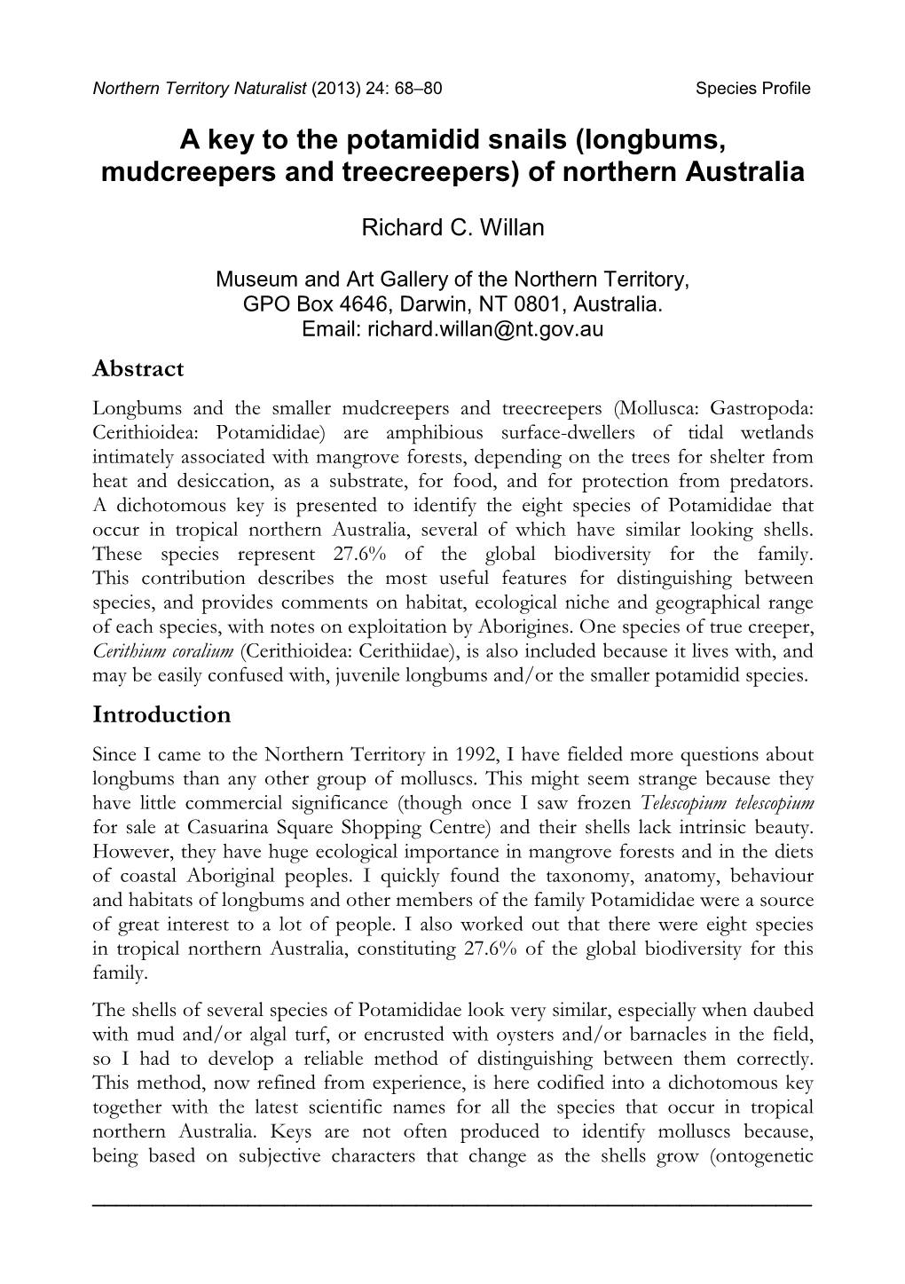 A Key to the Potamidid Snails (Longbums, Mudcreepers and Treecreepers) of Northern Australia