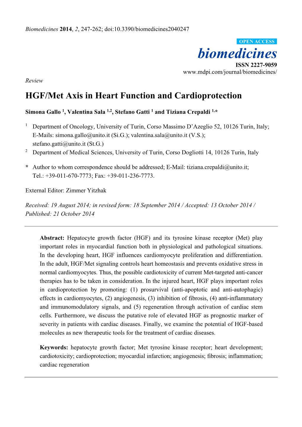 HGF/Met Axis in Heart Function and Cardioprotection