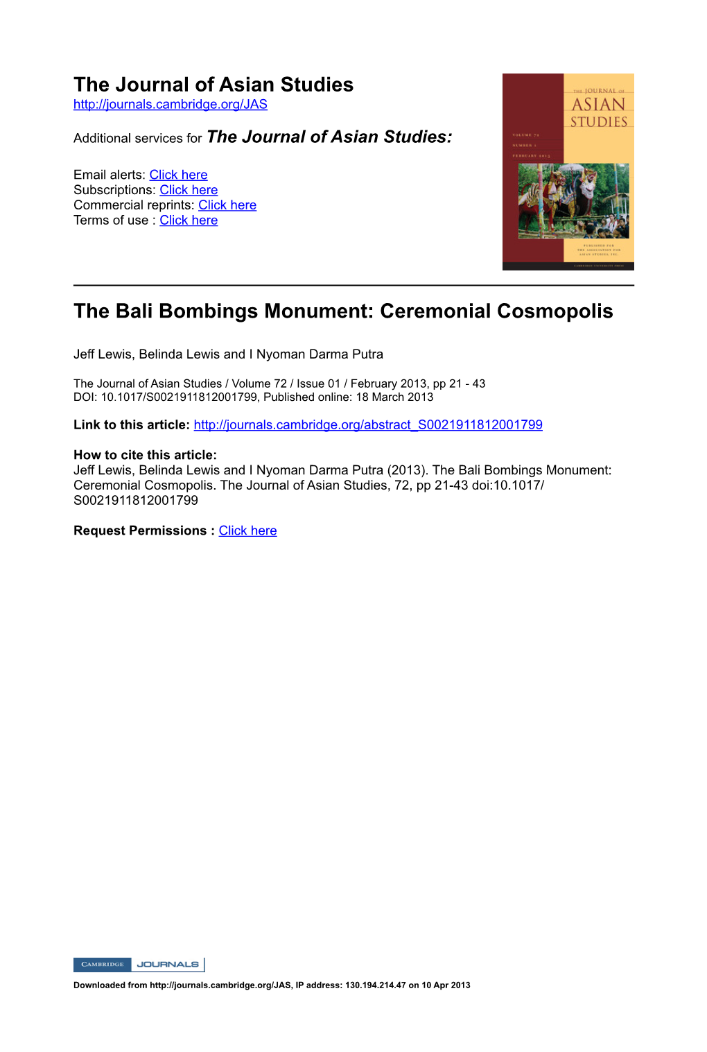 The Journal of Asian Studies the Bali Bombings Monument