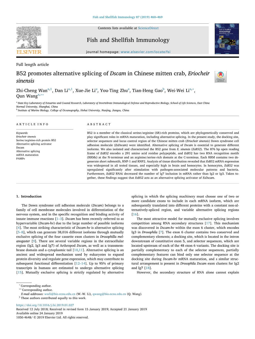 B52 Promotes Alternative Splicing of Dscam in Chinese Mitten Crab, Eriocheir Sinensis T