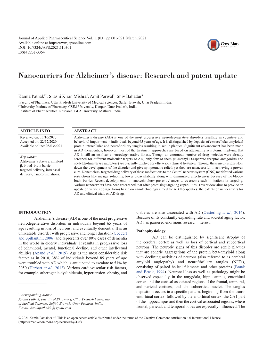 Nanocarriers for Alzheimer's Disease