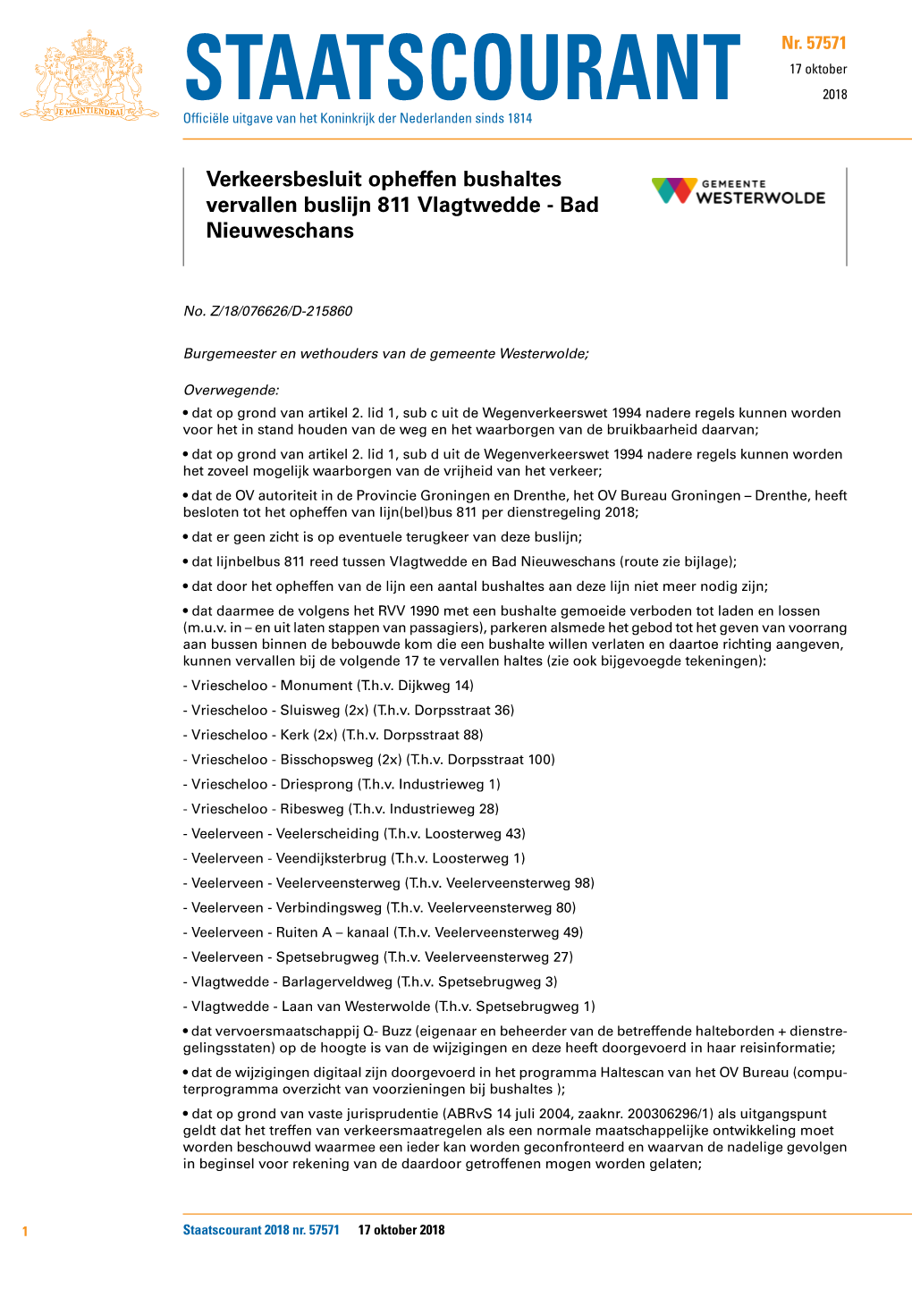 Verkeersbesluit Opheffen Bushaltes Vervallen Buslijn 811 Vlagtwedde - Bad Nieuweschans