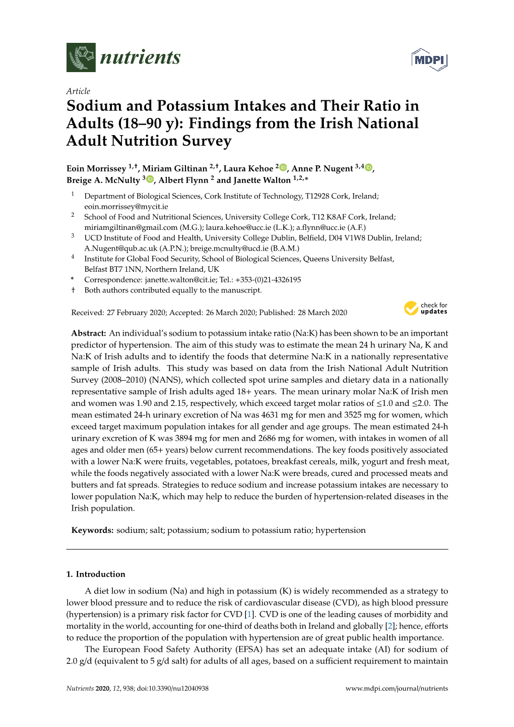 Sodium and Potassium Intakes and Their Ratio in Adults (18–90 Y): Findings from the Irish National Adult Nutrition Survey