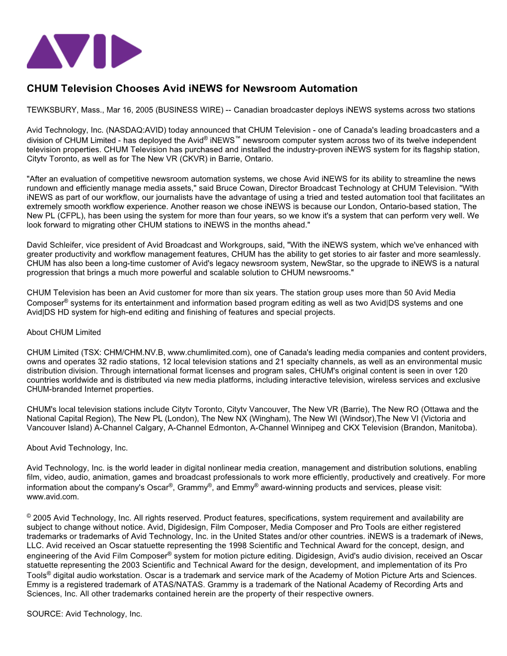 CHUM Television Chooses Avid Inews for Newsroom Automation