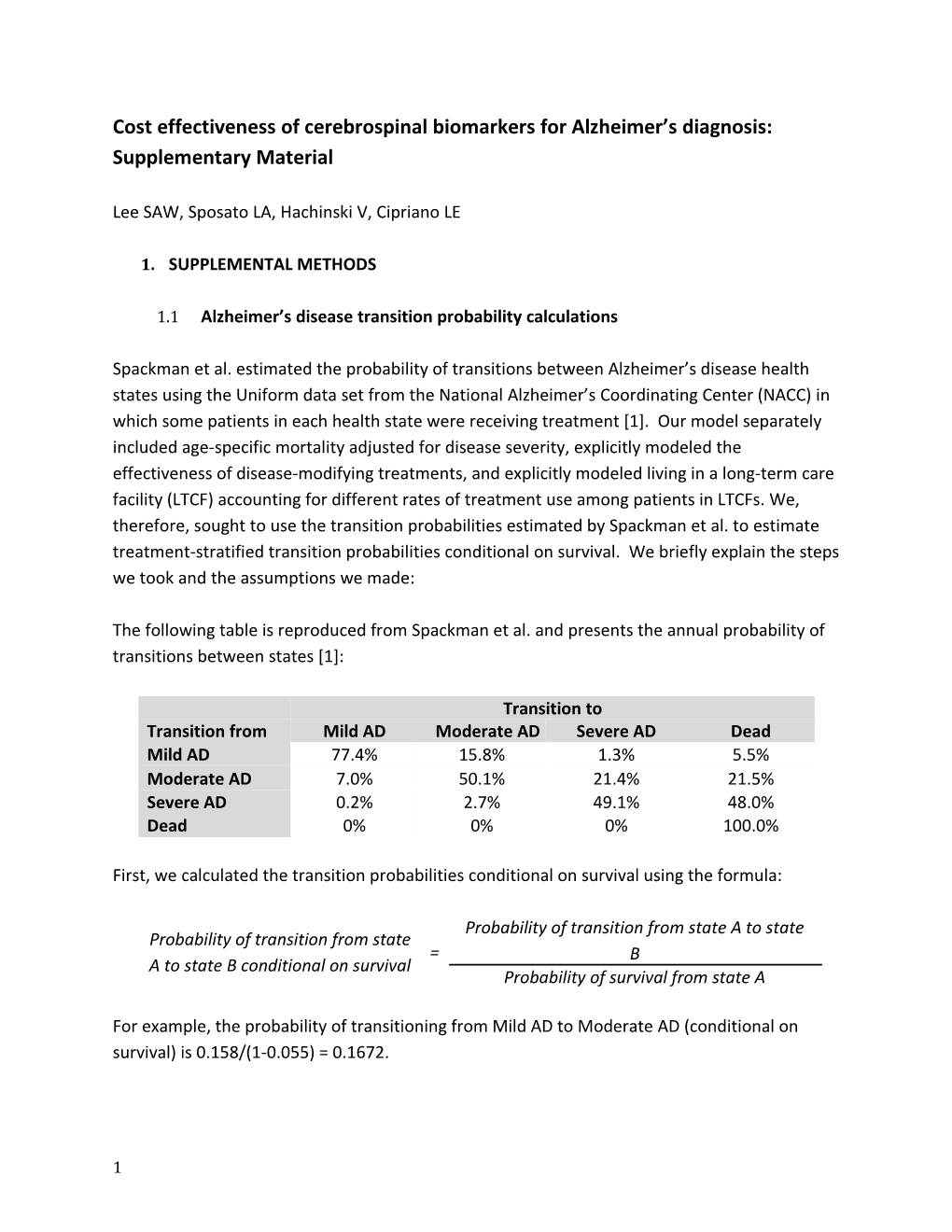 Cost Effectiveness of Cerebrospinal Biomarkers for Alzheimer S Diagnosis: Supplementary