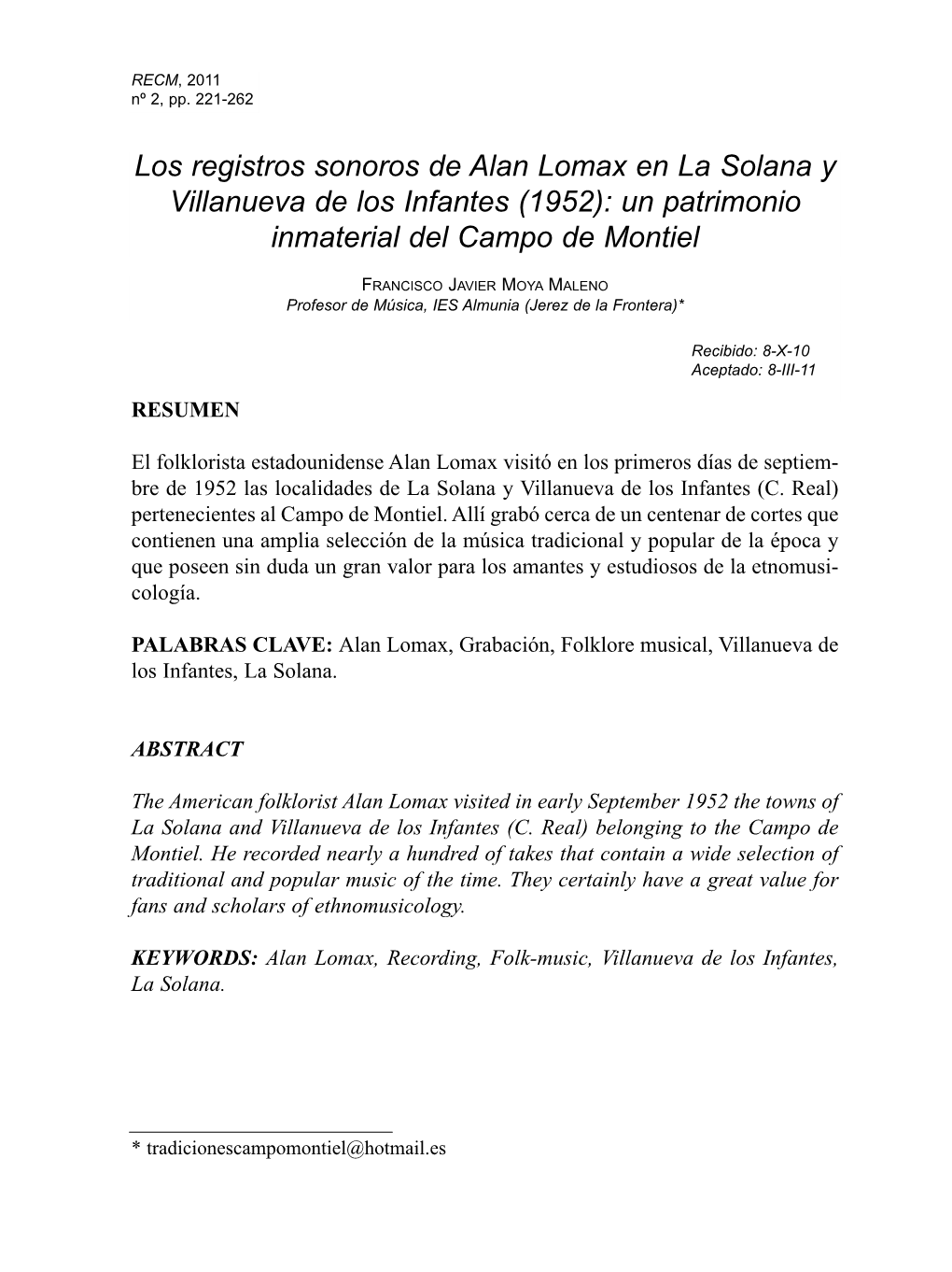 Los Registros Sonoros De Alan Lomax En La Solana Y Villanueva De Los Infantes (1952): Un Patrimonio Inmaterial Del Campo De Montiel