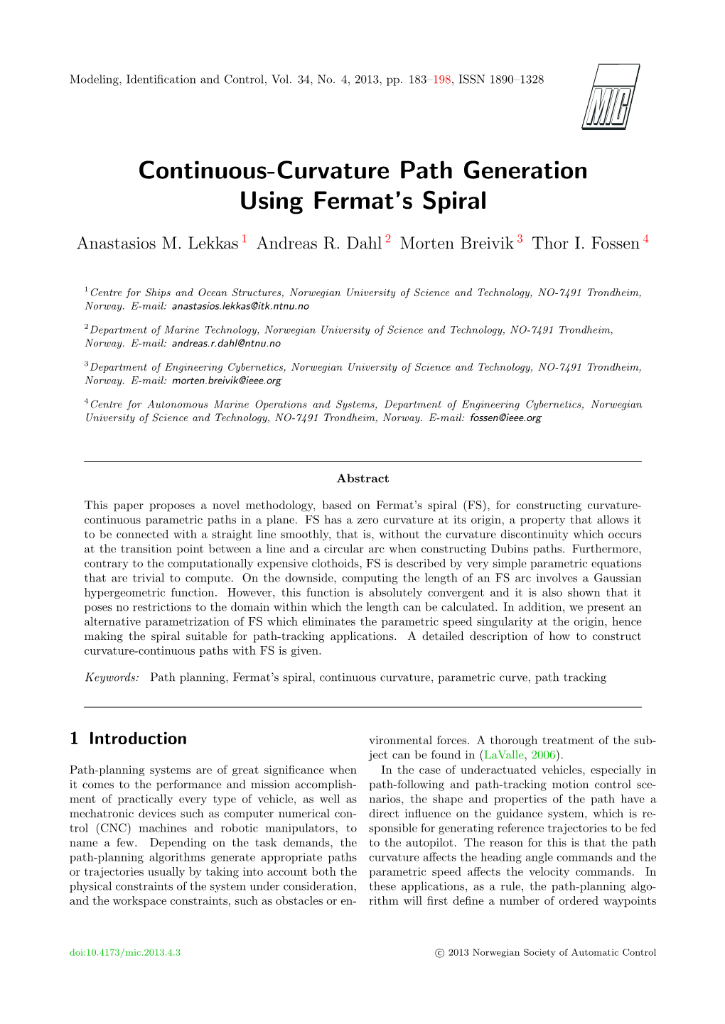 Continuous-Curvature Path Generation Using Fermat's Spiral