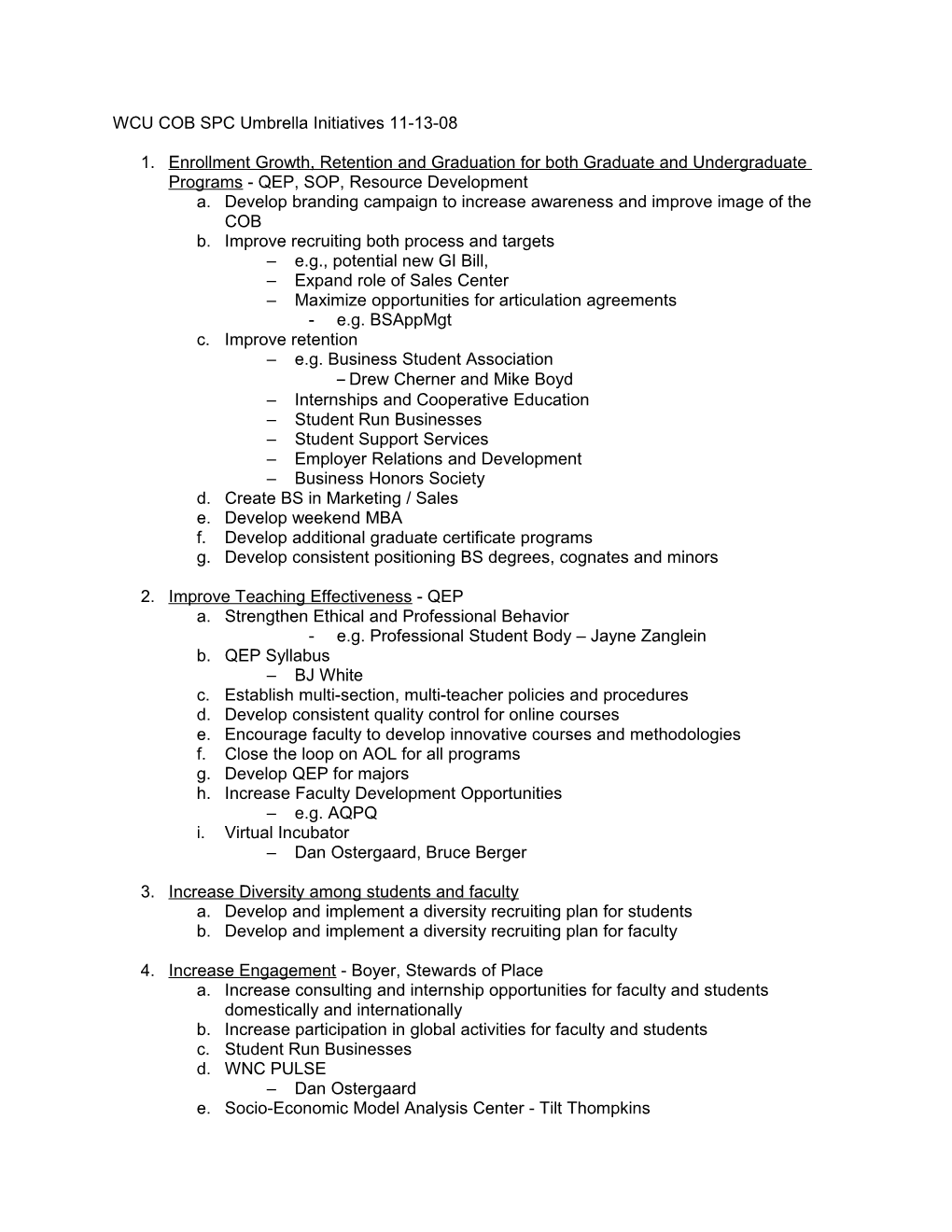 WCU COB SPC Umbrella Initiatives 11-13-08