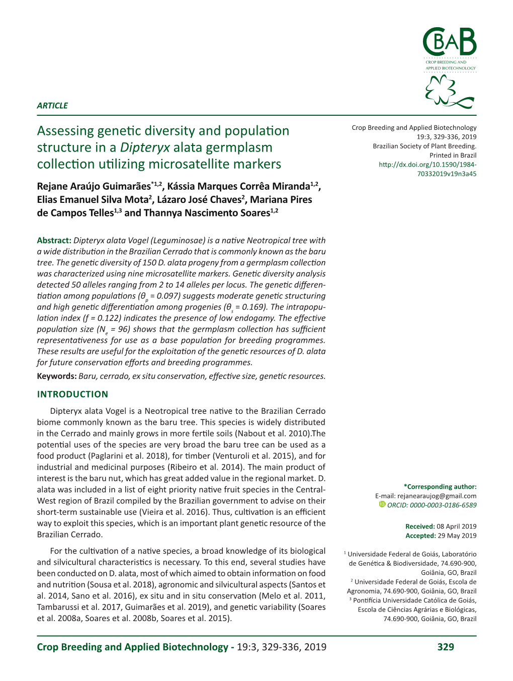 Assessing Genetic Diversity and Population Structure in a Dipteryx Alata Germplasm Collection Utilizing Microsatellite Markers