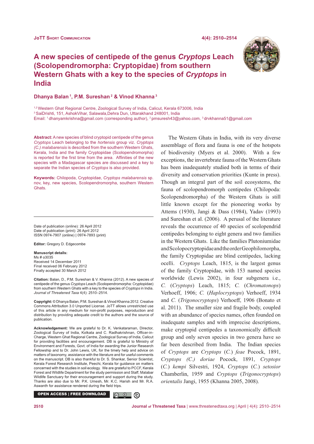 A New Species of Centipede of the Genus Cryptops Leach (Scolopendromorpha: Cryptopidae) from Southern Western Ghats with a Key to the Species of Cryptops in India