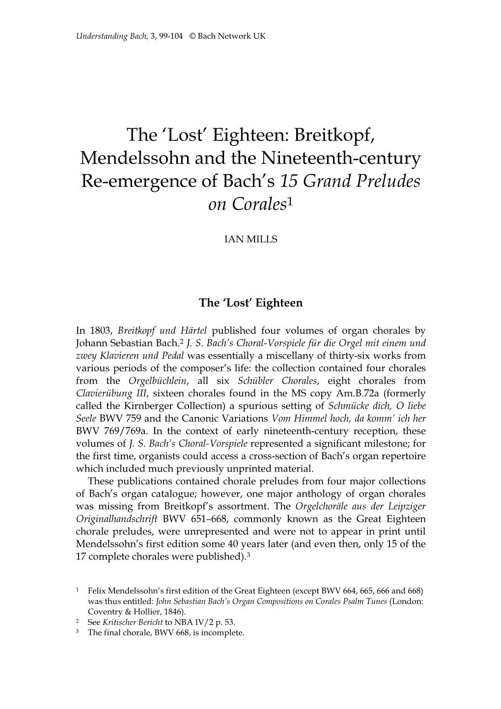 Breitkopf, Mendelssohn and the Nineteenth-Century Re-Emergence of Bach's 15 Grand Preludes on Corales