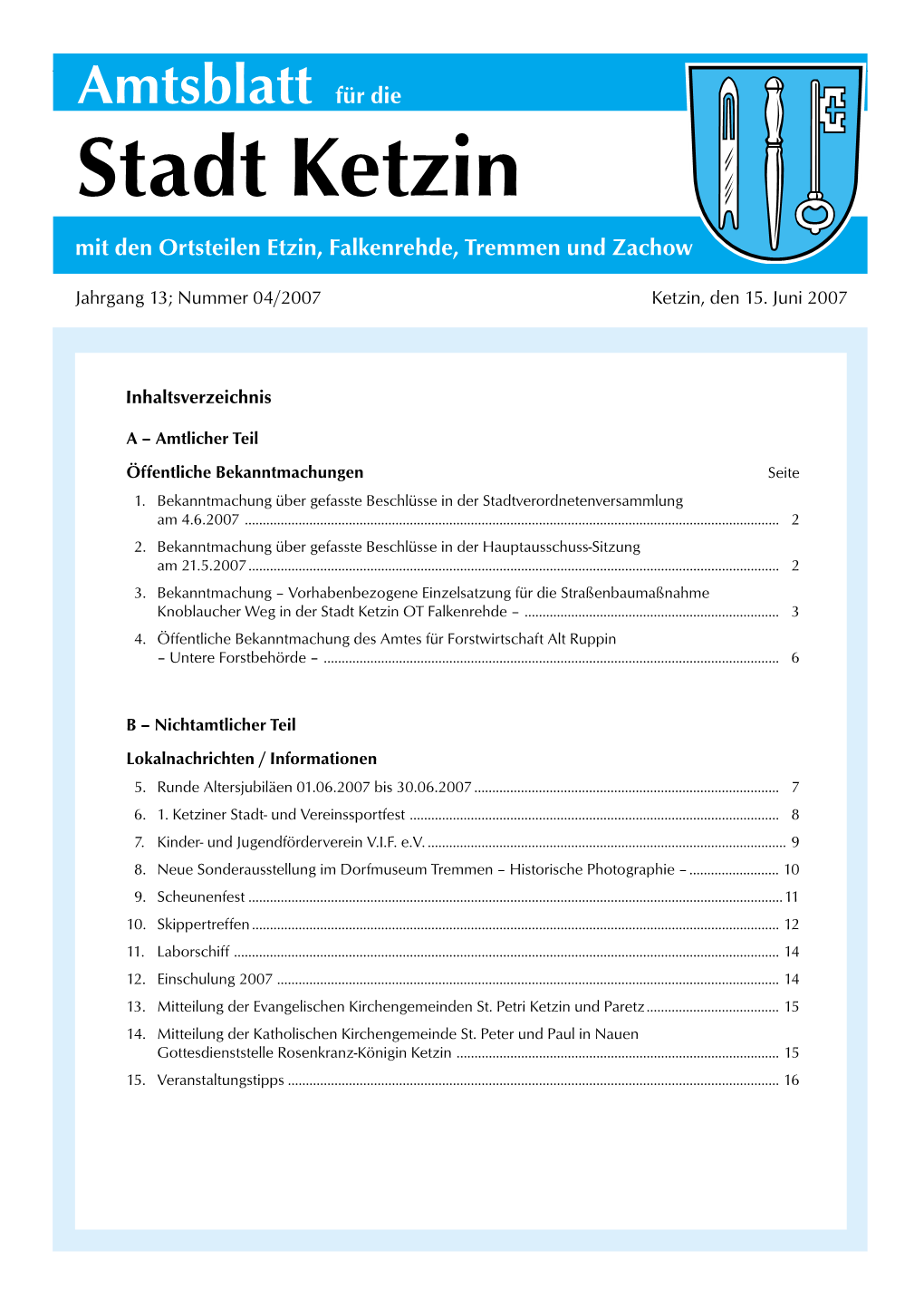 Stadt Ketzin 1 Amtsblatt Für Die Stadt Ketzin Mit Denden Ortsteilenortsteilen Etzin, Etzin, Falkenrehde, Falkenrehde, Tremmen Tremmen Und Und Zachow Zachow