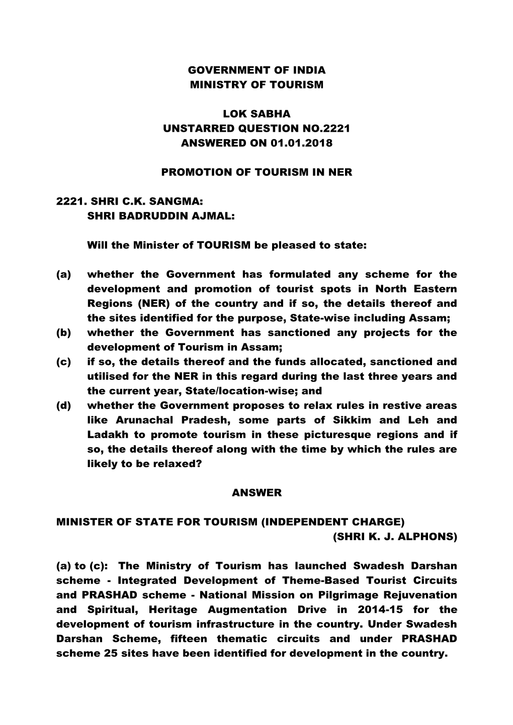 Government of India Ministry of Tourism Lok Sabha