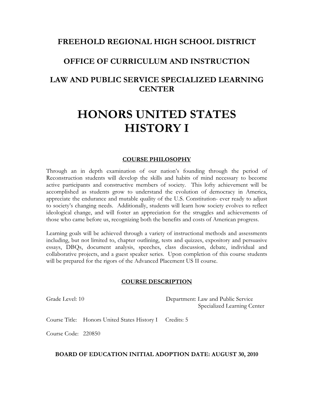 Honors United States History I