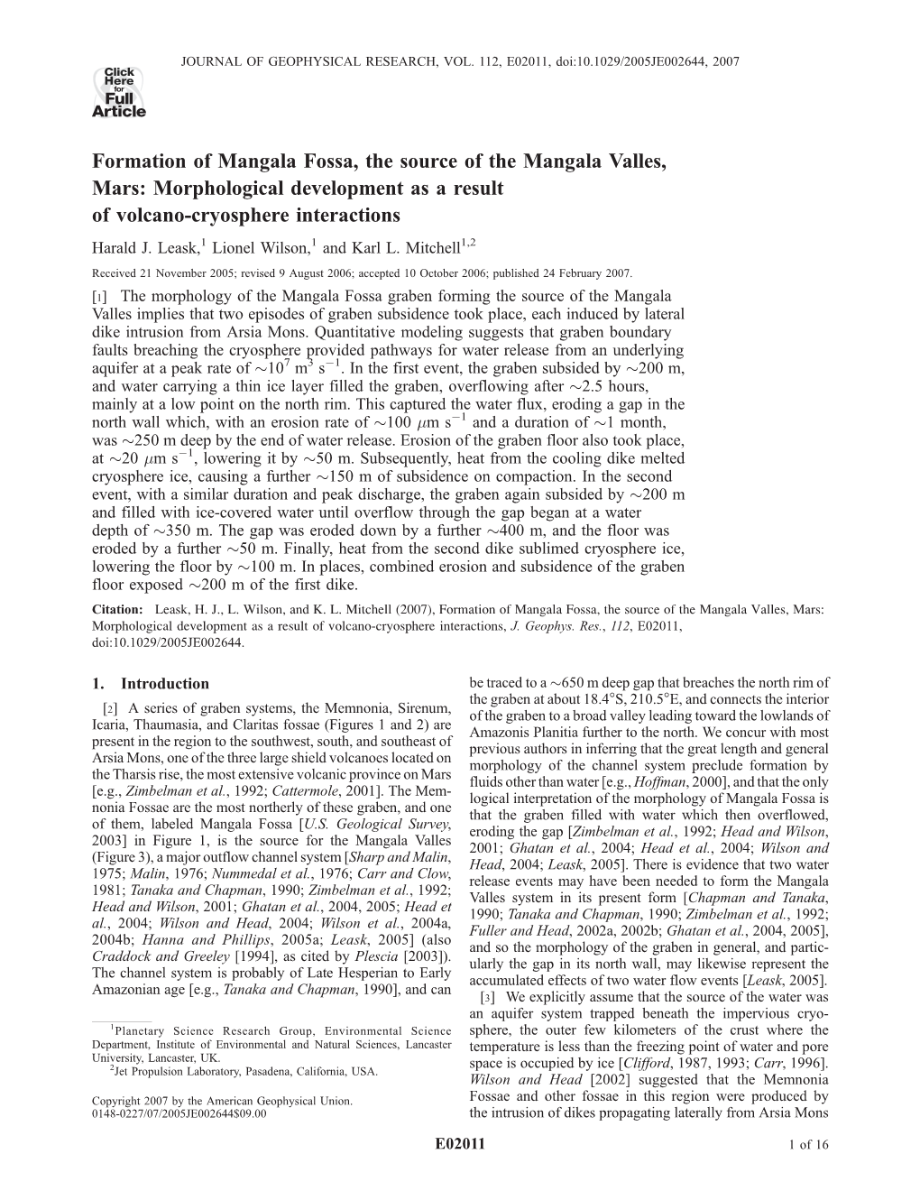 Formation of Mangala Fossa, the Source of the Mangala Valles, Mars: Morphological Development As a Result of Volcano-Cryosphere Interactions Harald J