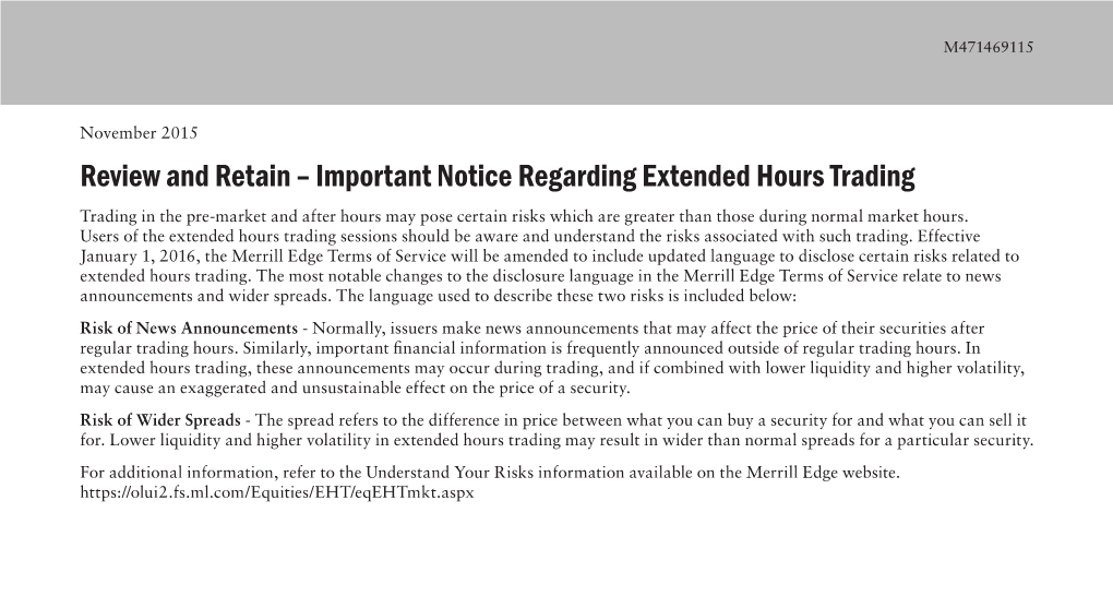 Important Notice Regarding Extended Hours Trading