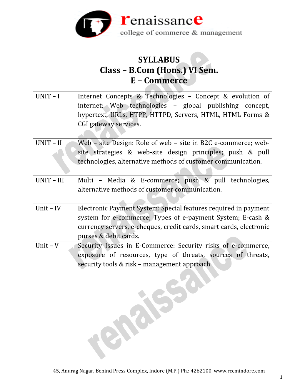 SYLLABUS Class – B.Com (Hons.) VI Sem. E – Commerce