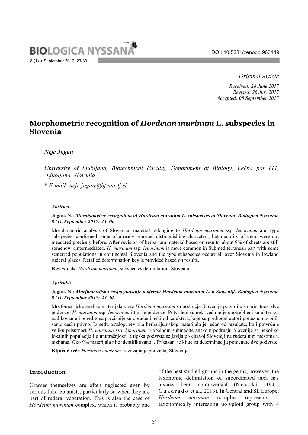 Morphometric Recognition of Hordeum Murinum L. Subspecies in Slovenia