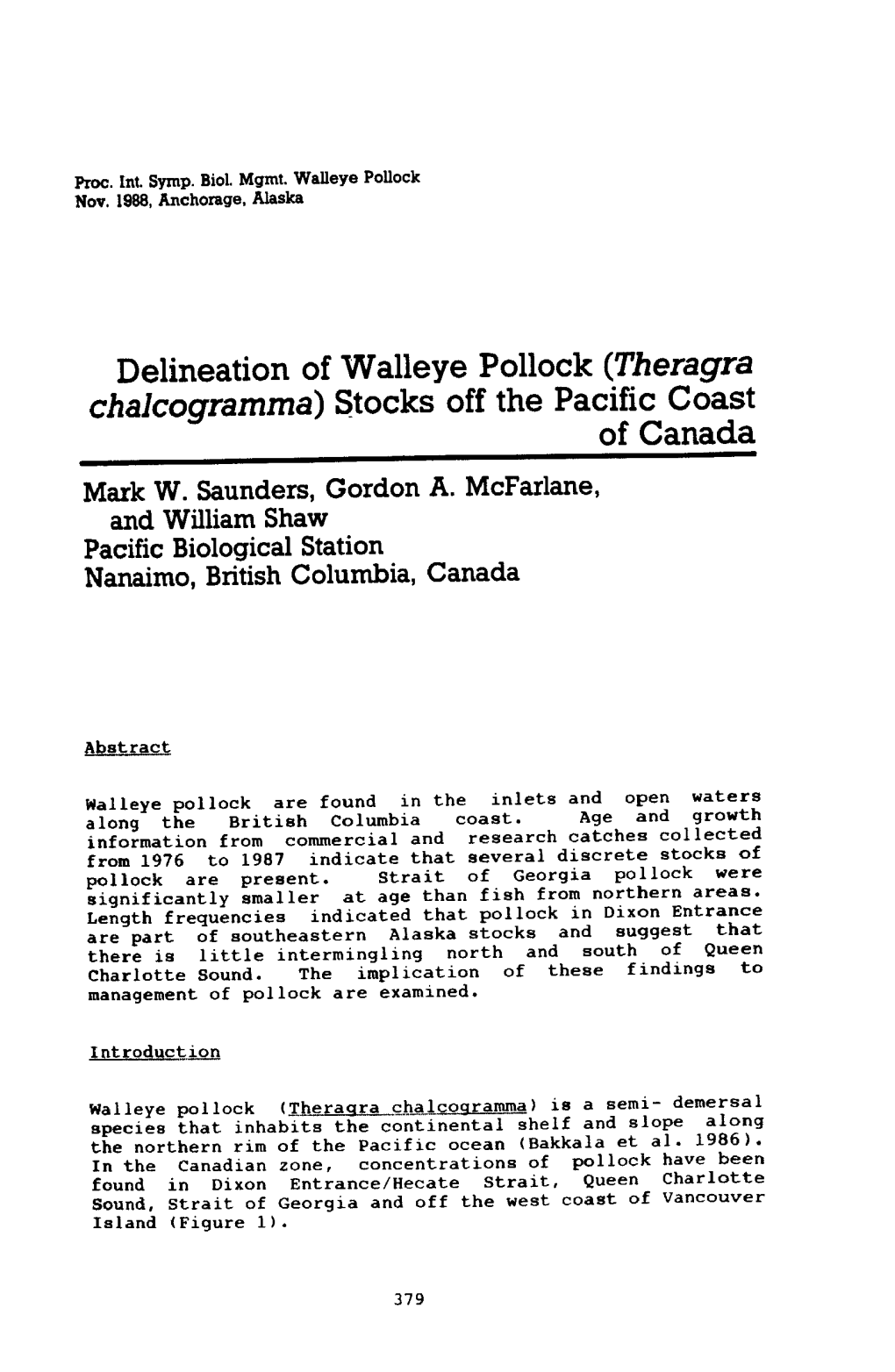 Delineation of Walleye Pollock Stocks Off the Pacific Coast of Canada, Part 1