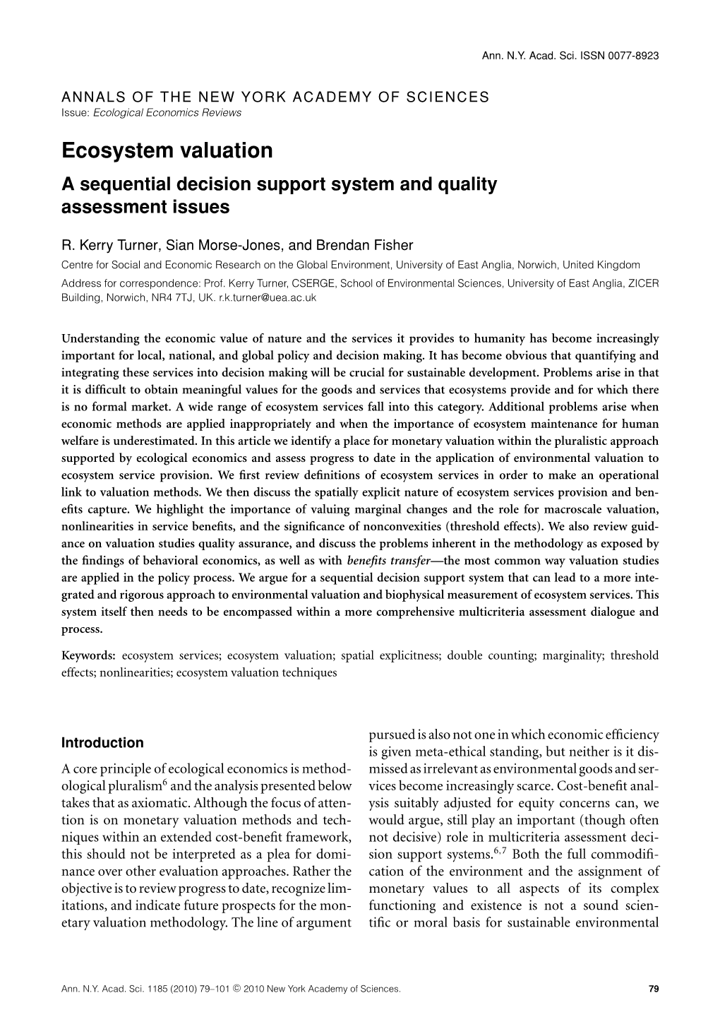 Ecosystem Valuation a Sequential Decision Support System and Quality Assessment Issues