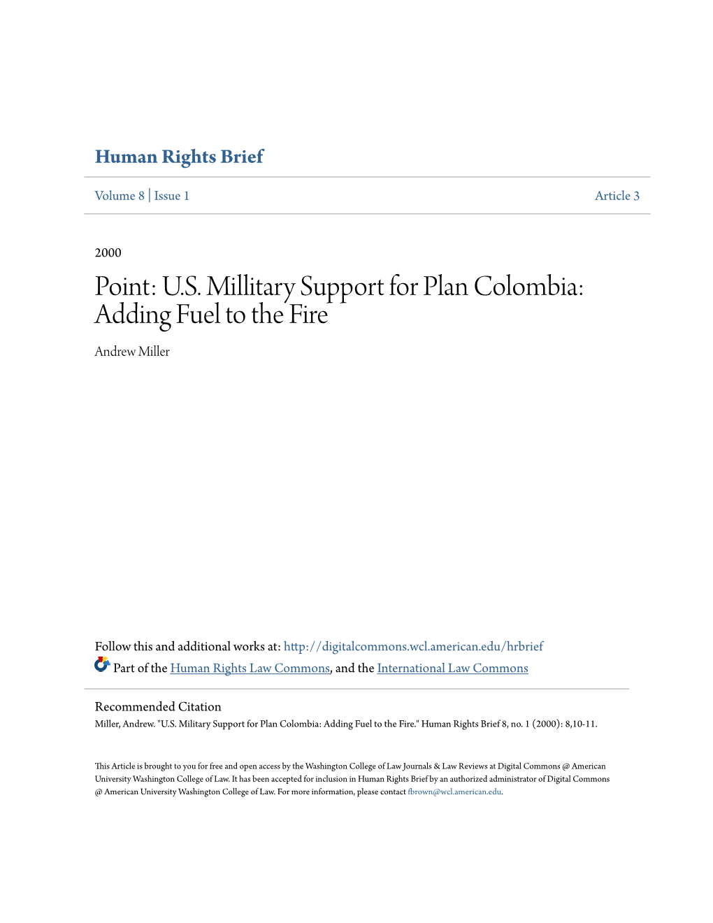 US Millitary Support for Plan Colombia