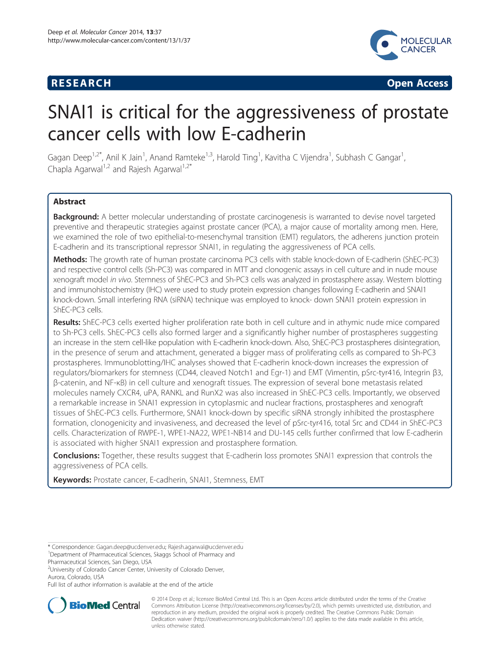 SNAI1 Is Critical for the Aggressiveness of Prostate Cancer