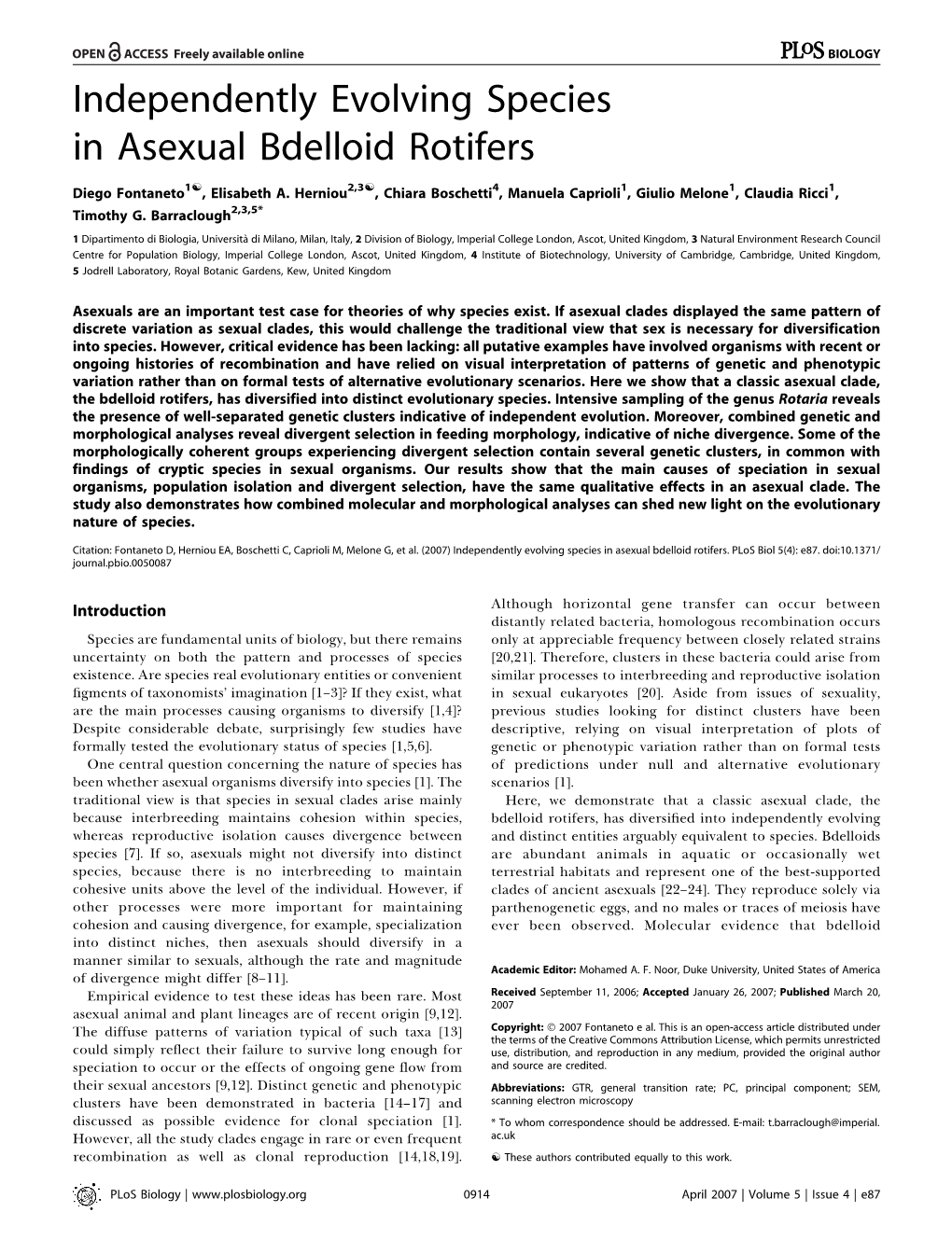 Independently Evolving Species in Asexual Bdelloid Rotifers