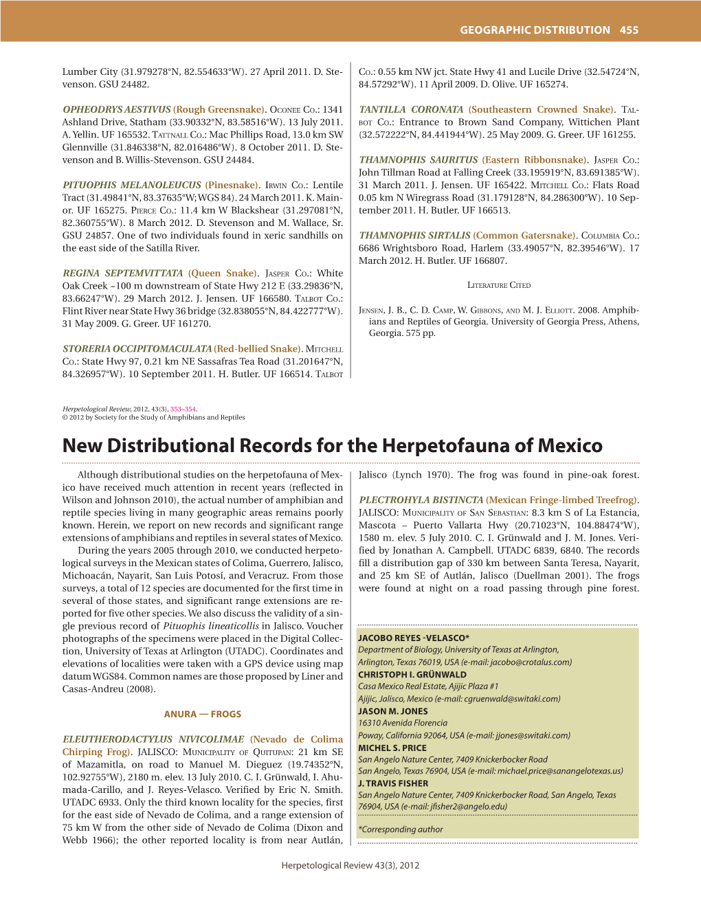 New Distributional Records for the Herpetofauna of Mexico