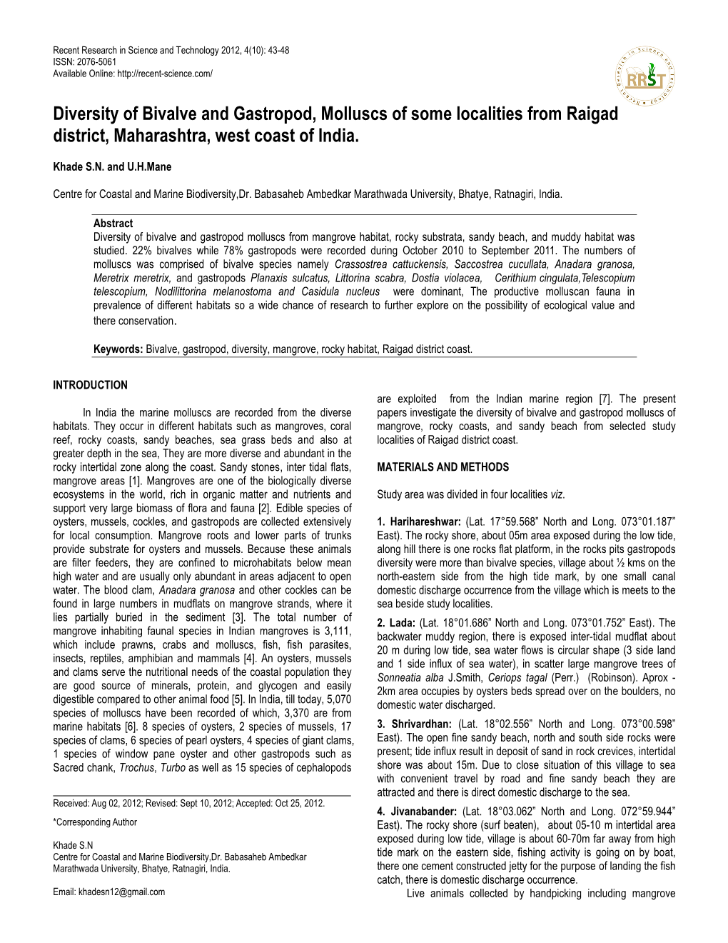 Diversity of Bivalve and Gastropod, Molluscs of Some Localities from Raigad District, Maharashtra, West Coast of India