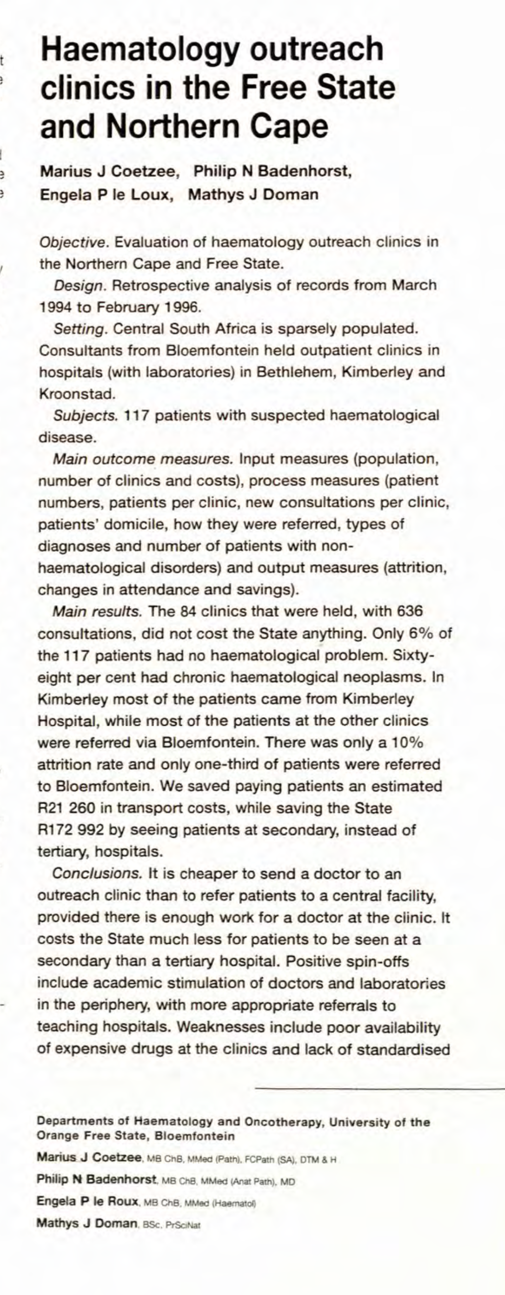 Haematology Outreach Clinics in the Free State and Northern Cape